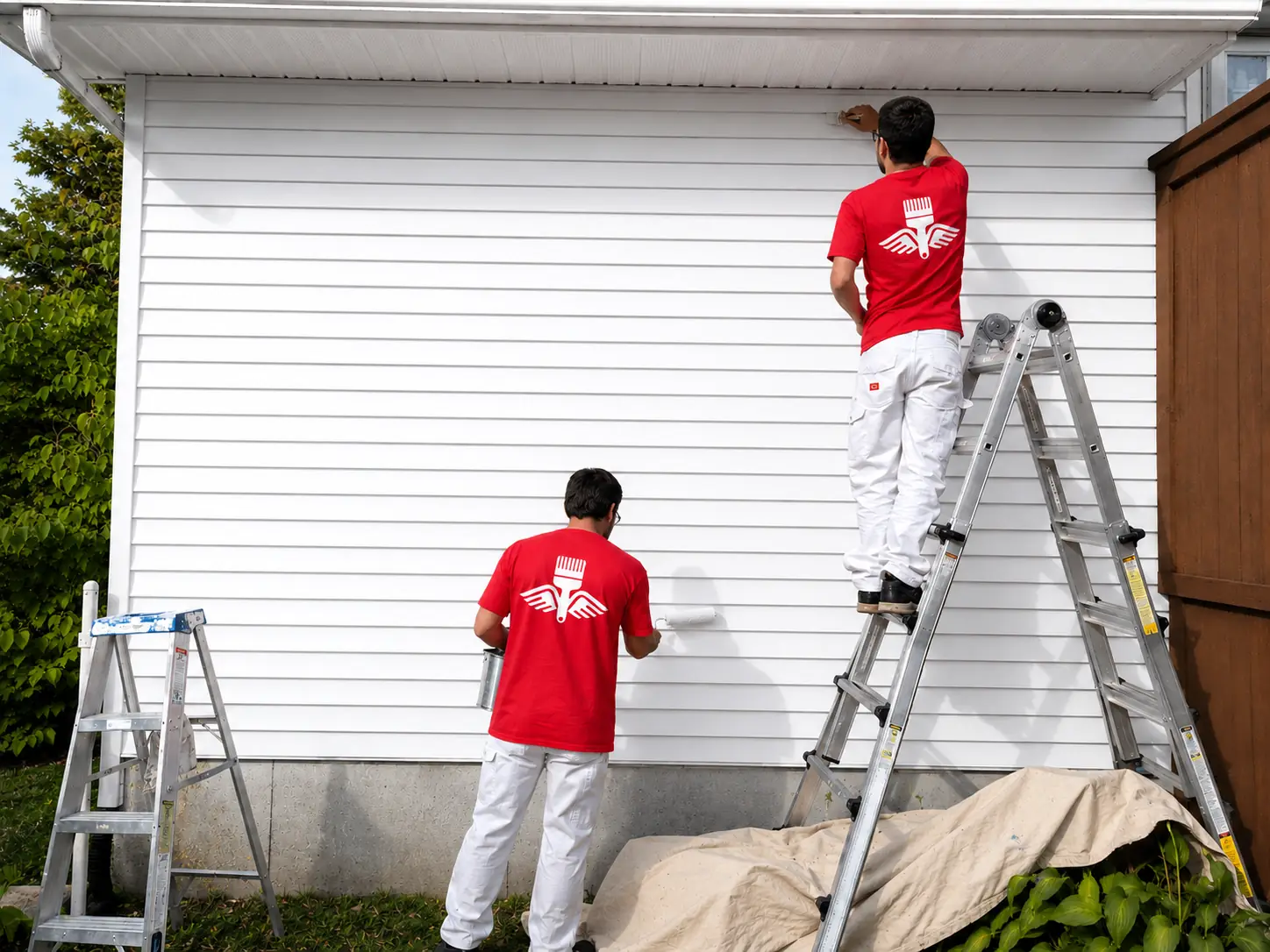 Two Flying Colours Painting crew members in branded red shirts painting a blue exterior wall